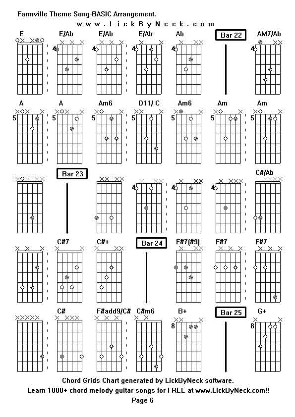 Chord Grids Chart of chord melody fingerstyle guitar song-Farmville Theme Song-BASIC Arrangement,generated by LickByNeck software.